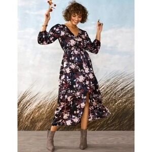 Studio 1886 Women's Navy Floral Print Midi Dress Long Sleeve Elastic Waist Large